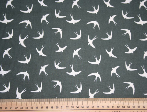 162cm roll end - Rose and Hubble Swallows on Grey Cotton Poplin