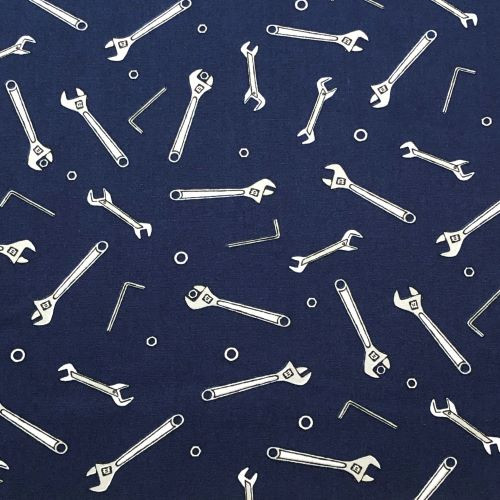 Sevenberry Spanners and Allen Keys on Navy - 100% cotton poplin fabric - Close Up