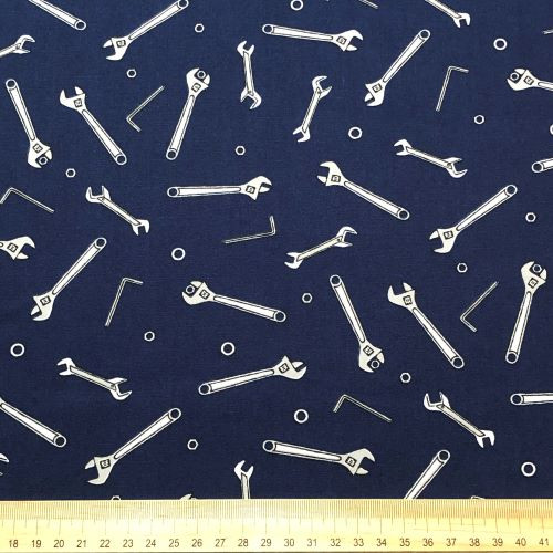 Sevenberry Spanners and Allen Keys on Navy - 100% cotton poplin fabric - Scale