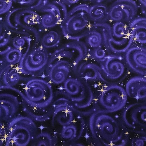 Robert Kaufman Stargazers Violet Swirls with Metallic Gold Stars - 100% cotton fabric - Close Up 2