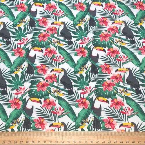 Rose and Hubble Toucans and Florals on White - 100% Cotton Poplin - Scale