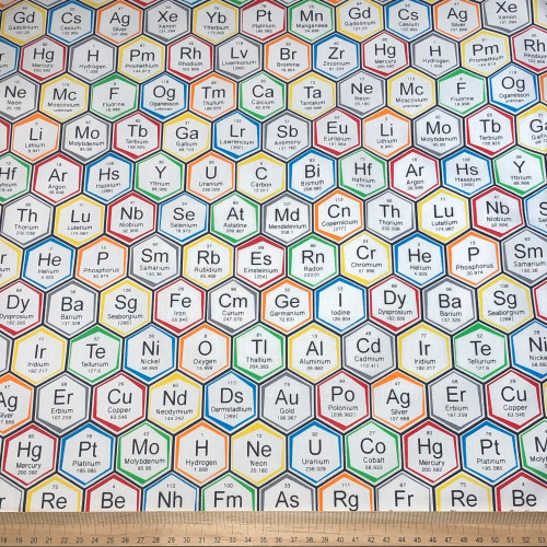 Robert Kaufman Science Fair Periodic Table Hexagons - 100% cotton fabric - Scale