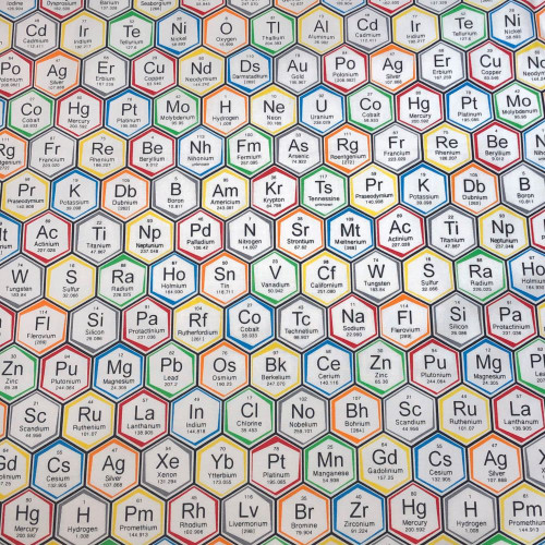 Robert Kaufman Science Fair Periodic Table Hexagons - 100% cotton fabric - Close Up