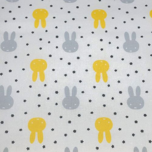Yellow and Grey Miffy Faces on White - 100% cotton fabric - Close Up