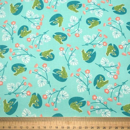 Dashwood Rivelin Valley - Frogs and flowers on turquoise - 100% cotton fabric - Scale
