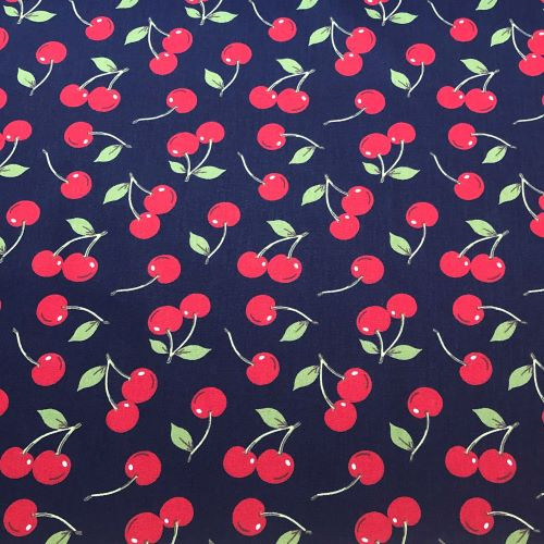 Rose and Hubble Scattered Cherries on Navy - 100% Cotton Poplin - Close Up