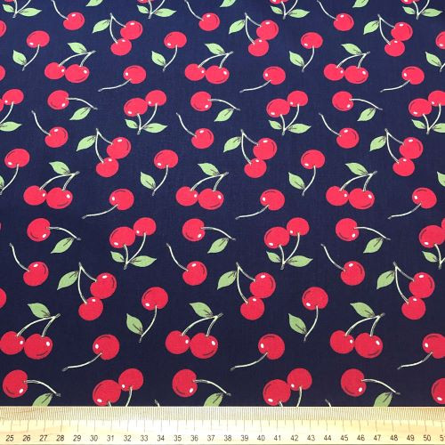 Rose and Hubble Scattered Cherries on Navy - 100% Cotton Poplin - Scale