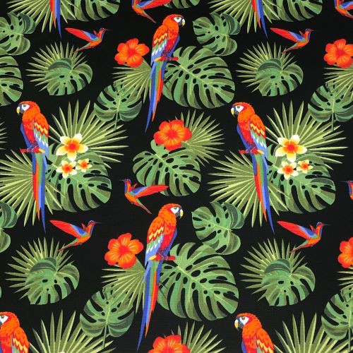 Rose and Hubble - 100% Cotton Poplin - Parrots on Black Close Up 