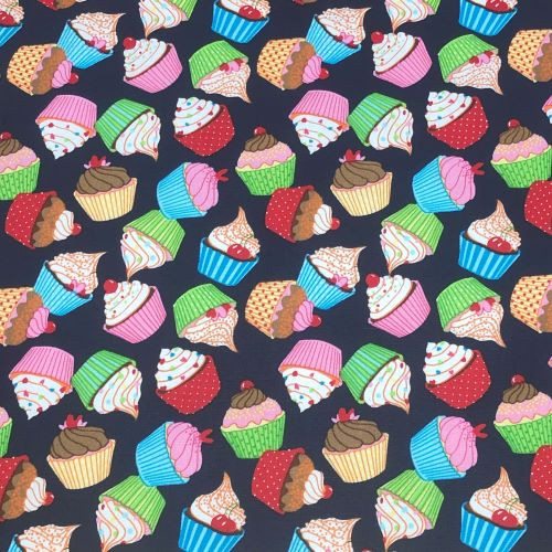 Rose and Hubble Pastel Cupcakes on Navy - 100% cotton poplin fabric - Close Up