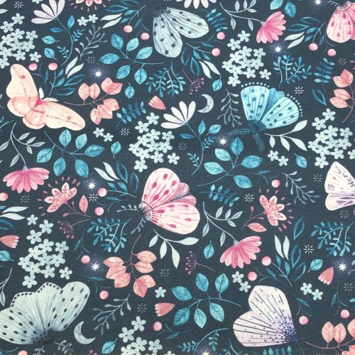 Dashwood Nightfall - Moths on dark blue - 100% cotton fabric - Close Up