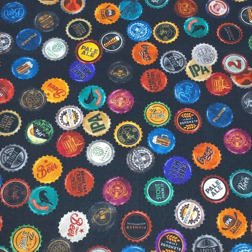 Quilting Treasures On Tap - Beer Caps on Black - 100% cotton fabric - Close Up