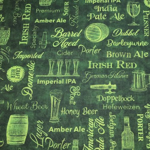 Quilting Treasures On Tap - Vintage Beer Print Greens - 100% cotton fabric - Close Up 1