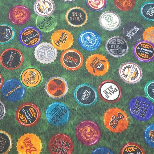 Quilting Treasures On Tap - Beer Caps on Greens - 100% cotton fabric - Close Up 1