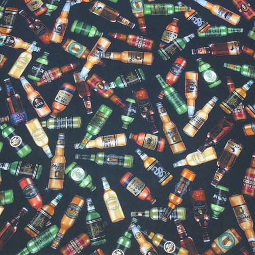 Quilting Treasures On Tap - Beer Bottles on Black - 100% cotton fabric - Close Up