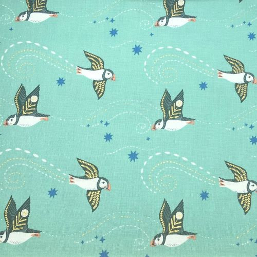 Dashwood Arctic - Puffins on mint - 100% cotton fabric - Close Up