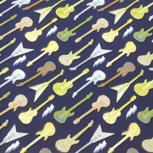 Camelot Fabrics - Rock On Amped Up Guitars Dark Blue - 100% cotton fabric - Close Up