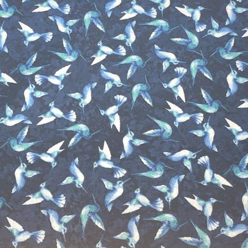 Henry Glass Midnight Sapphire Hummingbirds - 100% cotton fabric - Close Up