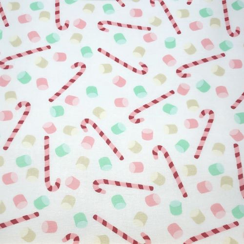 Three Wishes Snow and Hot Cocoa Candy Canes and Marshmallows - 100% cotton fabric - Close Up