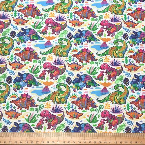 Multicolour dinosaurs on ecru digital print  - 100% cotton fabric extra wide - Scale