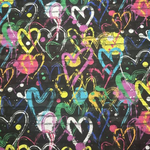 Three Wishes Dogs in the City Graffiti Hearts - 100% cotton fabric - Close Up