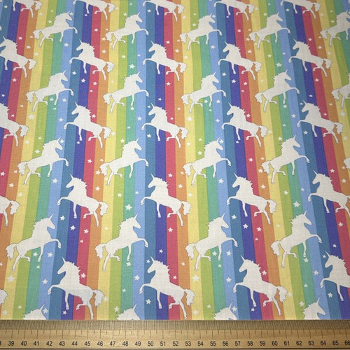 Rose and Hubble - 100% Cotton Poplin -  Unicorns on Rainbow Stripe Scale