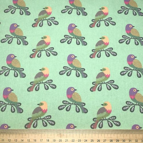 Meadow Birds on Branches on Green - 100% cotton fabric - Scale