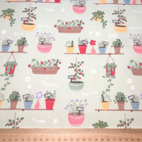 Craft Cotton Company In the Garden Planters on Green - 100% cotton fabric - Scale