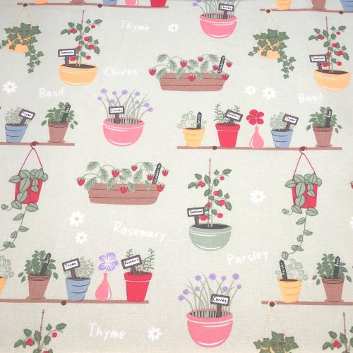 Craft Cotton Company In the Garden Planters on Green - 100% cotton fabric - Close Up