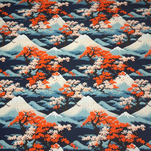 Rose and Hubble Japanese Mountains and Blossoms - 100% Cotton Poplin - Close Up