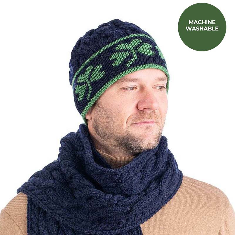 Patrick's Day Men Irish Wool Knit Hat with Shamrocks SAOL