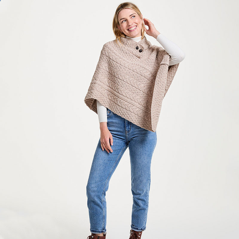 Aran Buttons Cable Knit Merino Poncho | Keilys.com