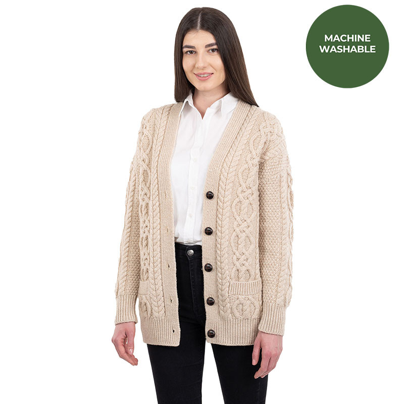 Double Collar Aran Merino Wool Cardigan Aran Ladies V-Neck Merino