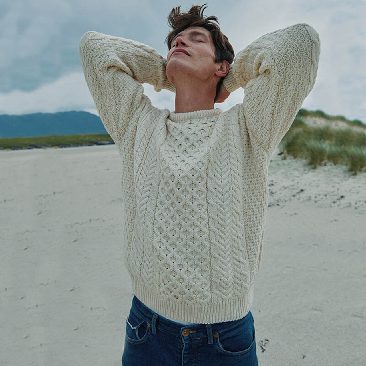 Mens Aran Sweater Mens Cream Cable Knit Sweater Men's Polo Neck