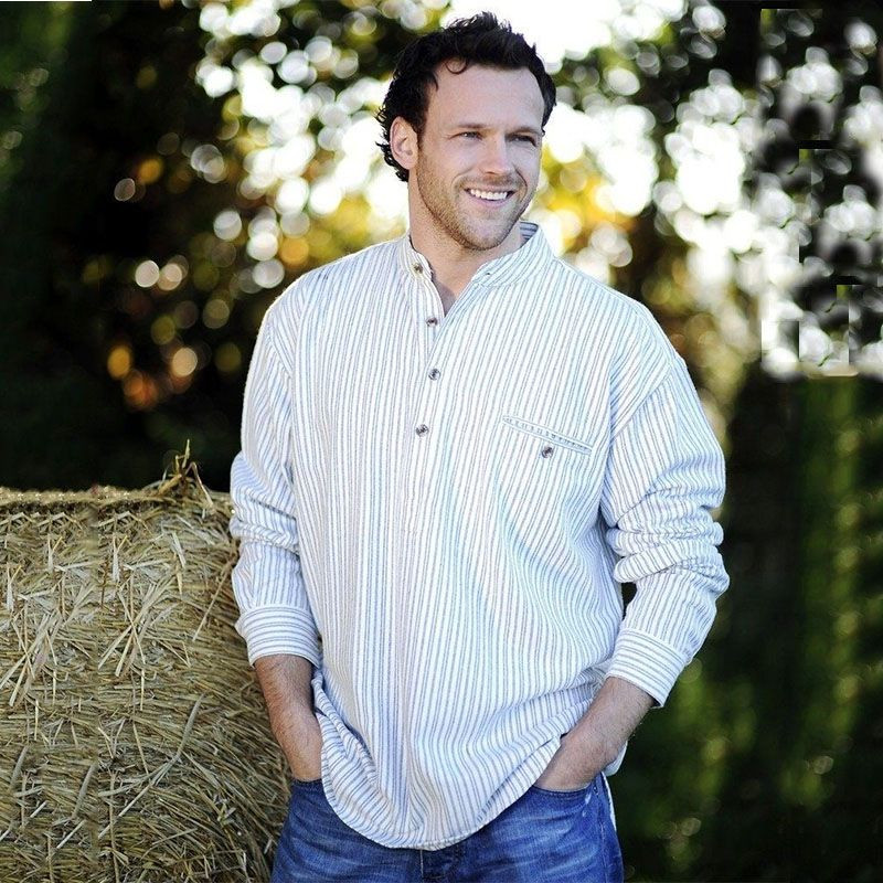 Men's Flannel Cotton Grandfather Shirt - Blue and Ivory Stripe