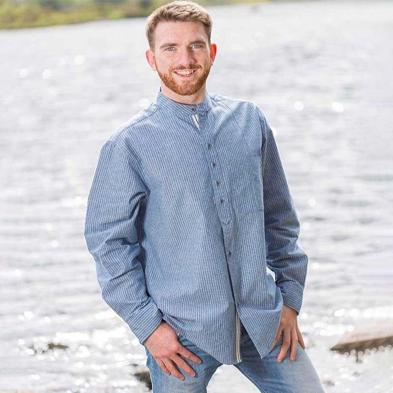 Vintage Cotton Grandfather Shirt - White Pin Stripe on Blue