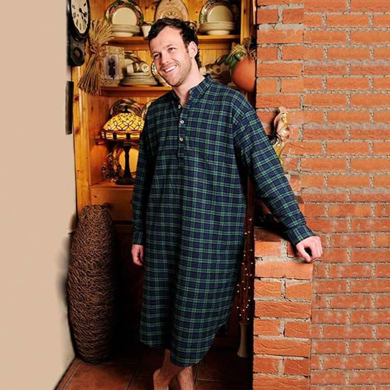 Men's Flannel Nightshirt Green Tartan Blackwatch