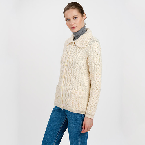 ML109-100 Cable Cardigan with Collar and Pockets Natural White Color Front View Keilys.com
