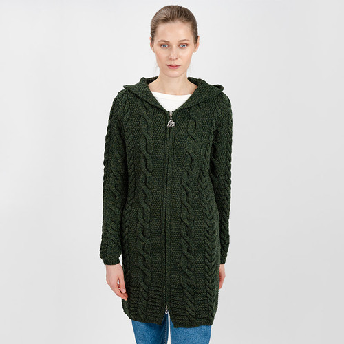 ML110-102 Aran Cable Knit Hooded Zip Coatigan Army Green Color Front view Keilys.com