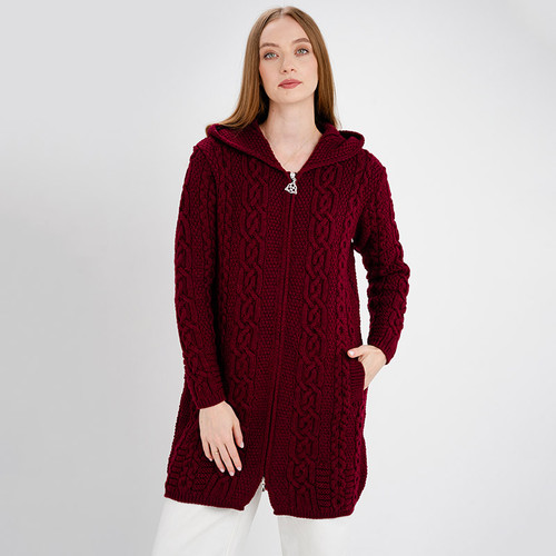 ML128-108 Aran Merino Wool Zip Hooded Long Knit Cardigan Wine Red Color Keilys.com