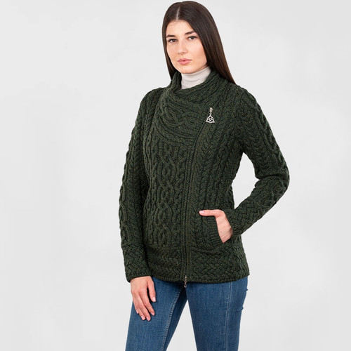 ML136-102 Aran Cable Knit Side Zip Merino Cardigan Army Green Keilys.com