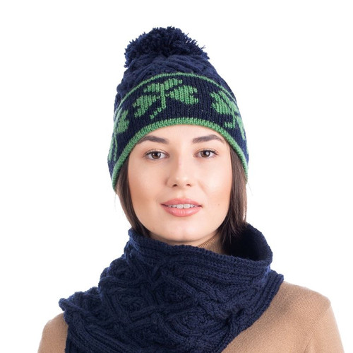 Ladies Merino Wool Shamrock Aran Hat With Bobble Navy Keilys.com
