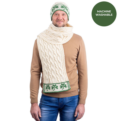 Men's Aran Merino Wool Scarf with Shamrocks Natural 100%  wool Keilys.com