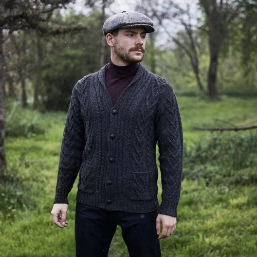 MM200-102 Mens Aran 100% Merino Shawl-Collar Cardigan Army Green Front view Keilys.com