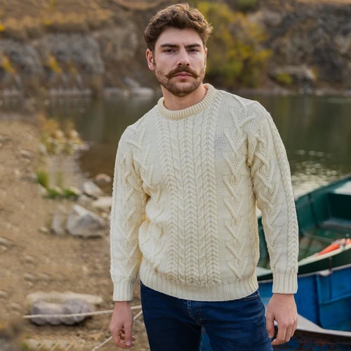 MM202-100 SAOL Aran Crew Neck Men's Sweater Natural Keilys.com