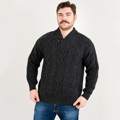 MM203-101 Aran Mens Shawl Collar Single Button Sweater Charcoal Front View Keilys.com