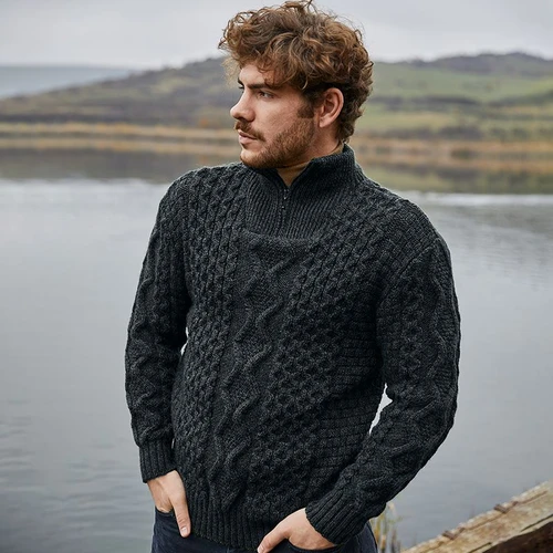 MM902-101 Aran Men's Zip Neck Merino Wool Sweater Charcoal Front view Keilys.com