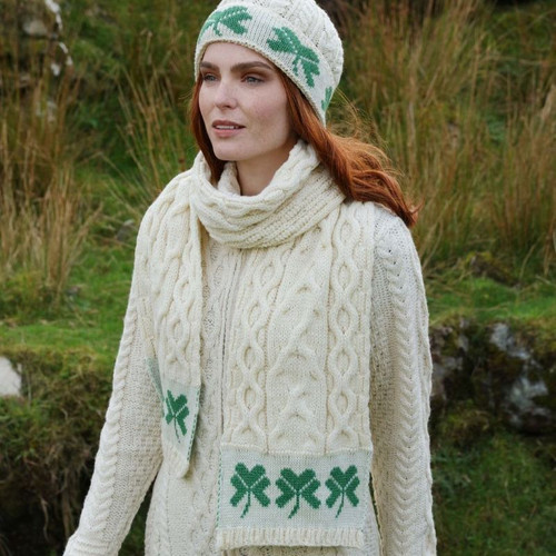 Irish Cable Knit Scarf with Shamrocks Front view  Keilys.com