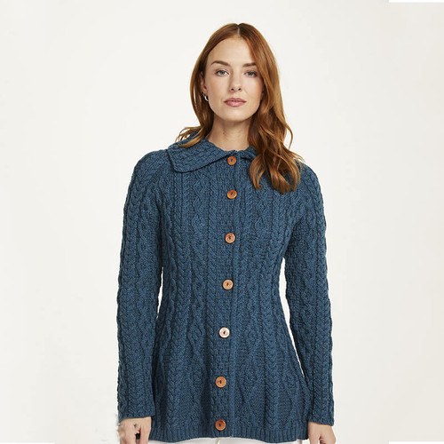 B551 Irish Women's Merino Flare Cardigan with Buttons Blue Keilys.com