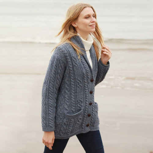 B838 Merino Cable Knit Aran Shawl Cardigan Denim Blue Keilys.com