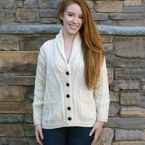 B838 Merino Cable Knit Aran Shawl Cardigan Natural Keilys.com